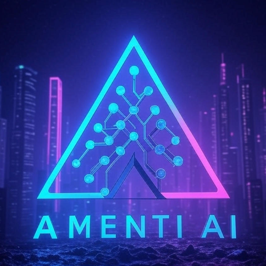 Amenti AI logo with glowing triangle and neural network pattern