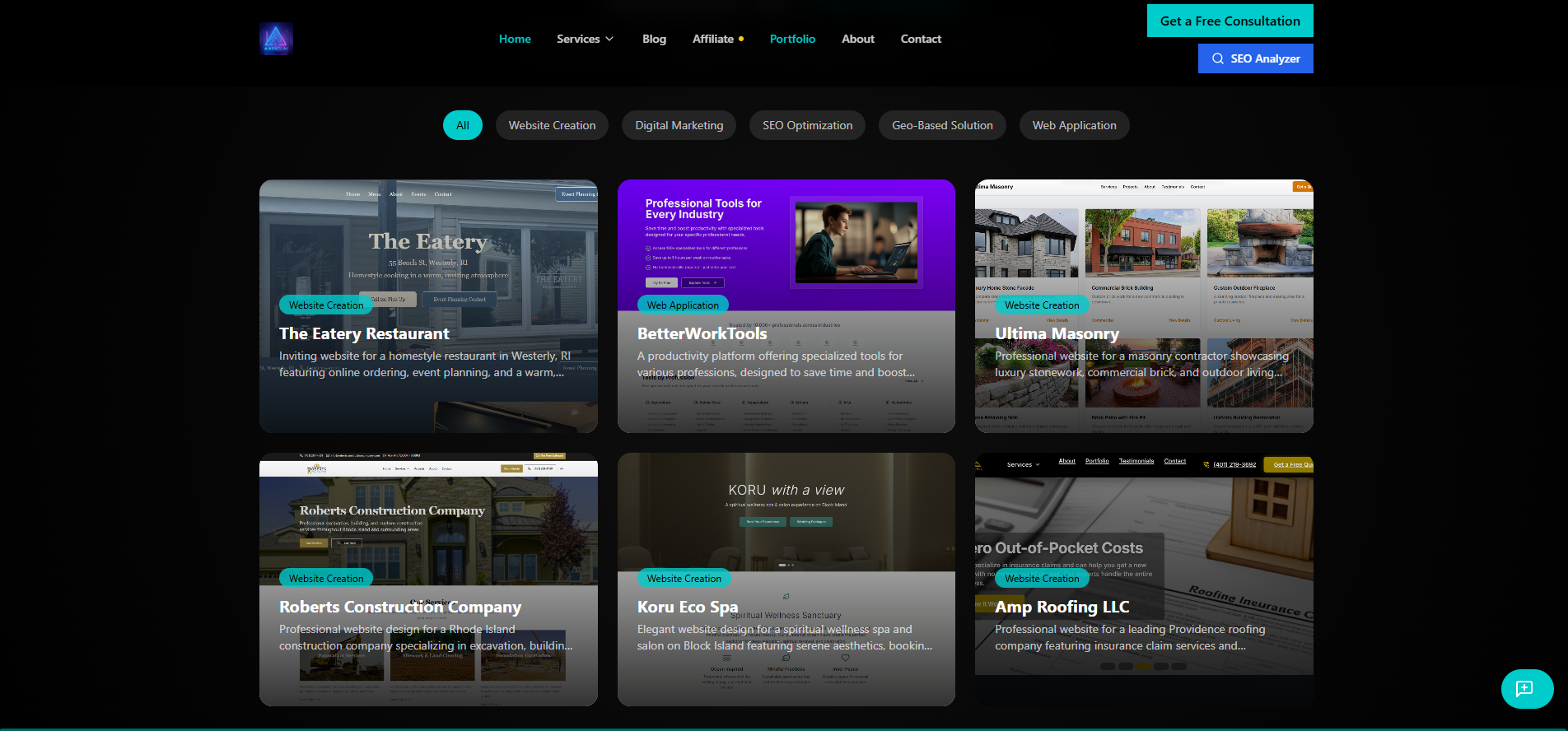 Amenti AI portfolio showing various website projects they've created